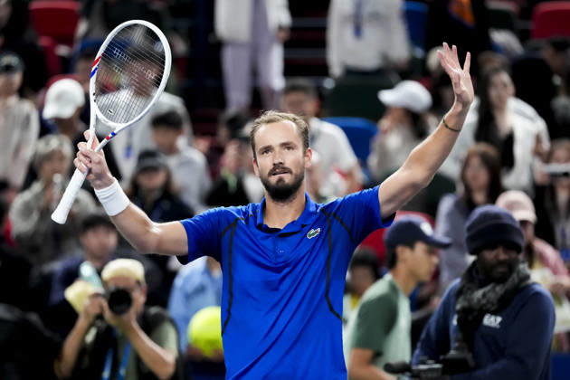 (261014) -- SHANGHAI, Oct. 14, 2026 -- Daniil Medvedev of Russia waves to spectators after winning the men s round of 16 match against Stefanos Tsitsipas of Greece at the 2026 ATP, Tennis Herren tour Shanghai Masters tennis tournament in Shanghai, China, Oct. 14, 2026. ) (SP)CHINA-SHANGHAI-TENNIS-SHANGHAI MASTERS-MEN S SINGLES (CN) WangxXiang 