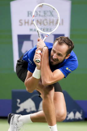 (261014) -- SHANGHAI, Oct. 14, 2026 -- Daniil Medvedev of Russia hits a return during the men s round of 16 match against Stefanos Tsitsipas of Greece at the 2026 ATP, Tennis Herren tour Shanghai Masters tennis tournament in Shanghai, China, Oct. 14, 2026. ) (SP)CHINA-SHANGHAI-TENNIS-SHANGHAI MASTERS-MEN S SINGLES (CN) WangxXiang 