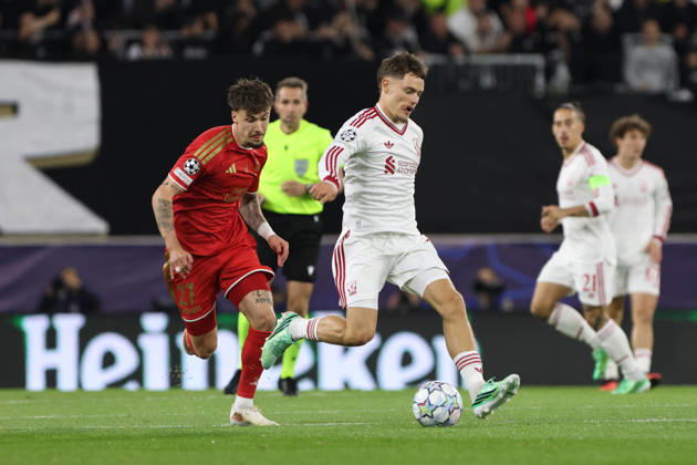 LINZ, AUSTRIA - OCTOBER 14: Christoph Lang of LASK and Florian Wirtz of Liverpool during the UEFA Champions League league phase matchday 2 match between LASK and Liverpool at Oberoesterreich Arena on October 14, 2026 in Linz, Austria. (Photo by Severin Aichbauer Sports Press Photo SPP) Copyright: xSeverinxAichbauer SPPx Sportspressphoto_SPR255657