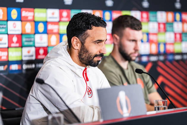 SOCCER - UEFA EL, RBS vs Milan SALZBURG,AUSTRIA,14.OCT.26 - SOCCER - UEFA Europa League, Red Bull Salzburg vs AC Milan, preview, press conference, PK, Pressekonferenz Milan. Image shows head coach Ruben Amorin and Strahinja Pavlovic (Milan).  GEPAxpictures xJulioxArellano