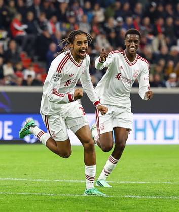 Bradley Barcola of Liverpool celebrates scoring their sides second goal LASK v Liverpool, UEFA Champions League, Football, Raiffeisen Arena, Linz, Austria - 14 Oct 2026Linz Raiffeisen Arena Austria  Copyright: xMichaelxZemanek Shutterstockx 17215434ai