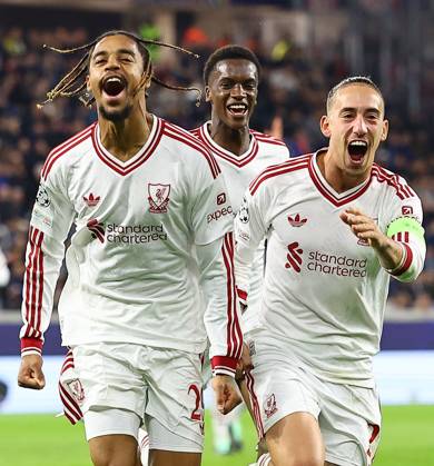 Bradley Barcola of Liverpool celebrates scoring their sides second goal LASK v Liverpool, UEFA Champions League, Football, Raiffeisen Arena, Linz, Austria - 14 Oct 2026Linz Raiffeisen Arena Austria  Copyright: xMichaelxZemanek Shutterstockx 17215434as