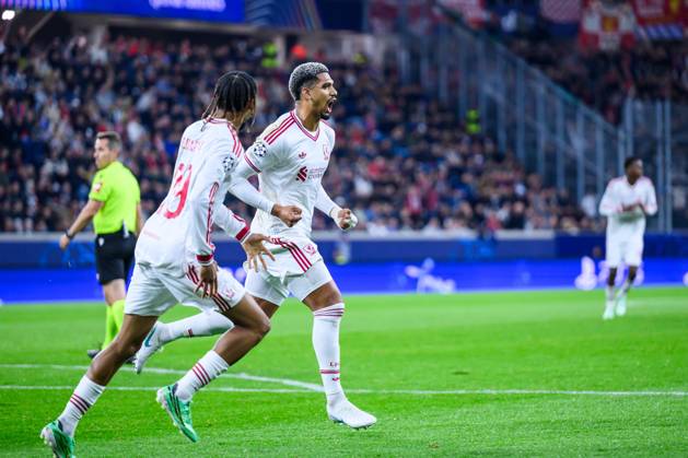 SOCCER - UEFA CL, LASK vs Liverpool LINZ,AUSTRIA,14.OCT.26 - SOCCER - UEFA Champions League, Linzer ASK vs Liverpool FC. Image shows the rejoicing of Ronald Araujo (Liverpool).  GEPAxpictures xChristianxMoser