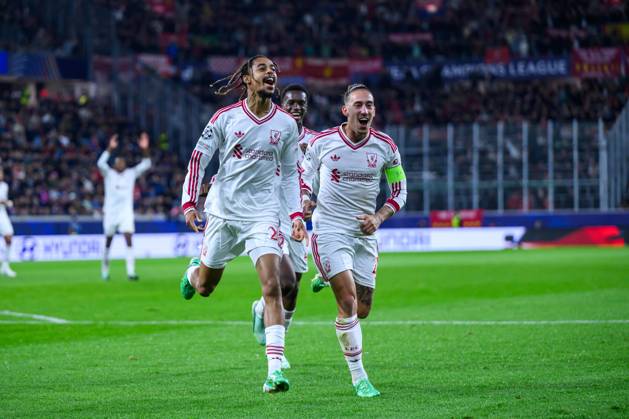 SOCCER - UEFA CL, LASK vs Liverpool LINZ,AUSTRIA,14.OCT.26 - SOCCER - UEFA Champions League, Linzer ASK vs Liverpool FC. Image shows the rejoicing of Bradley Barcola (Liverpool).  GEPAxpictures xChristianxMoser