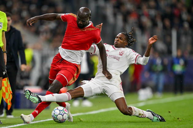SOCCER - UEFA CL, LASK vs Liverpool LINZ,AUSTRIA,14.OCT.26 - SOCCER - UEFA Champions League, Linzer ASK vs Liverpool FC. Image shows Samuel Adeniran (LASK) and Jeremy Jacquet (Liverpool).  GEPAxpictures xAvnixRetkoceri