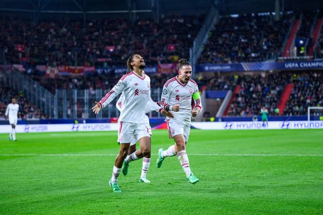 SOCCER - UEFA CL, LASK vs Liverpool LINZ,AUSTRIA,14.OCT.26 - SOCCER - UEFA Champions League, Linzer ASK vs Liverpool FC. Image shows the rejoicing of Bradley Barcola (Liverpool).  GEPAxpictures xChristianxMoser