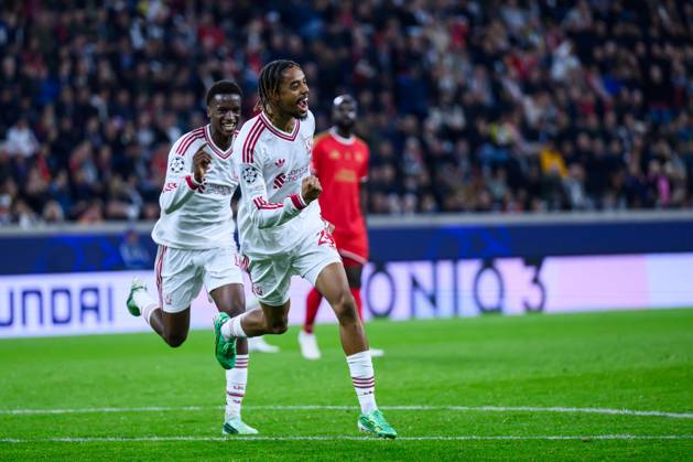 SOCCER - UEFA CL, LASK vs Liverpool LINZ,AUSTRIA,14.OCT.26 - SOCCER - UEFA Champions League, Linzer ASK vs Liverpool FC. Image shows the rejoicing of Bradley Barcola (Liverpool).  GEPAxpictures xChristianxMoser