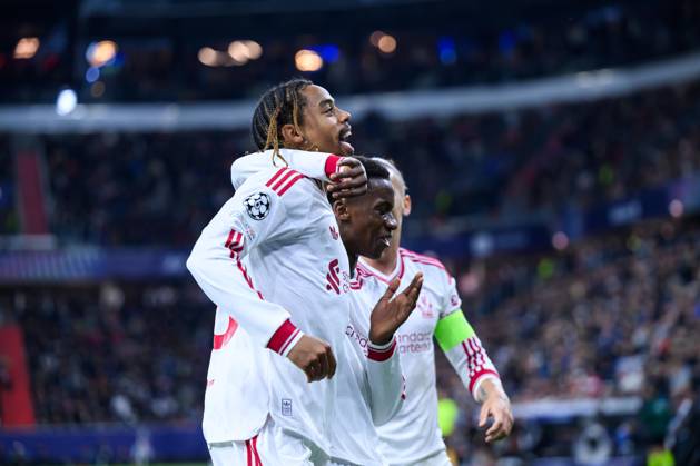 SOCCER - UEFA CL, LASK vs Liverpool LINZ,AUSTRIA,14.OCT.26 - SOCCER - UEFA Champions League, Linzer ASK vs Liverpool FC. Image shows the rejoicing of Bradley Barcola (Liverpool).  GEPAxpictures xChristianxMoser