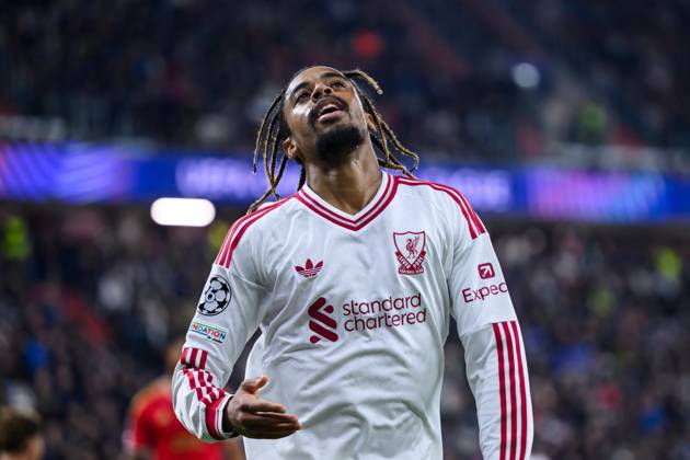 SOCCER - UEFA CL, LASK vs Liverpool LINZ,AUSTRIA,14.OCT.26 - SOCCER - UEFA Champions League, Linzer ASK vs Liverpool FC. Image shows the rejoicing of Bradley Barcola (Liverpool).  GEPAxpictures xChristianxMoser