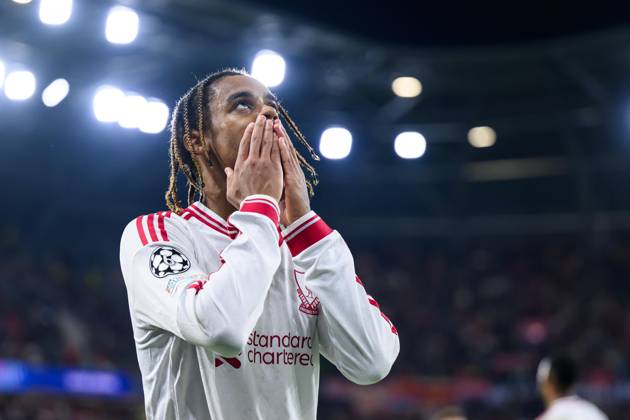 SOCCER - UEFA CL, LASK vs Liverpool LINZ,AUSTRIA,14.OCT.26 - SOCCER - UEFA Champions League, Linzer ASK vs Liverpool FC. Image shows the rejoicing of Bradley Barcola (Liverpool).  GEPAxpictures xChristianxMoser