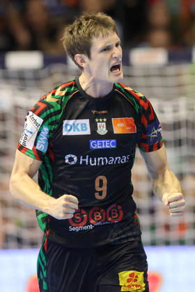 14.10.2026, xtgx, Handball Champions Legaue, SC Magdeburg - Industria Kielce emspor, v.l. Oskar Vind Rasmussen (Magdeburg, 9) Jubel, Torjubel, jubelt ueber das Tor, celebrate the goal, celebration Magdeburg