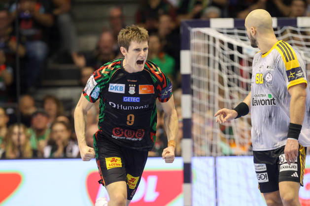 14.10.2026, xtgx, Handball Champions Legaue, SC Magdeburg - Industria Kielce emspor, v.l. Oskar Vind Rasmussen (Magdeburg, 9) Jubel, Torjubel, jubelt ueber das Tor, celebrate the goal, celebration Magdeburg