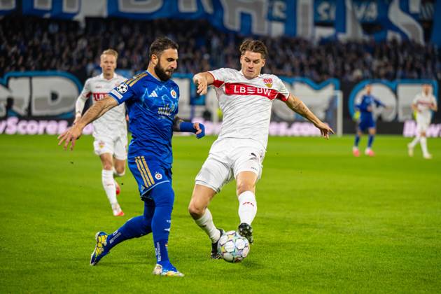 Tigran Barseghyan in a battle with Ramon Hendriks during UEFA Champions league match , SK Slovan Bratislava - VFB Stuttgart , 14. october 2026, Tehelne pole Stadium, Bratislava, Slovakia Copyright: xMICHALxFAJT,ZOSPORTU.SKx MAR_6765