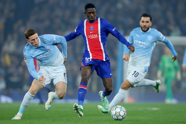 Manchester City v Paris Saint-Germain - UEFA Champions League 2026 27 League Phase MD2 Elliot Anderson of Manchester City and Ousmane Dembele of Paris Saint-Germain challenge during the UEFA Champions League 2026 27 League Phase MD2 match between Manchester City and Paris Saint-Germain at City of Manchester Stadium on October 14, 2026 in Manchester, England. Manchester City of Manchester Stadium England United Kingdom Copyright: xAllstarxPicturexLibraryxLtdx