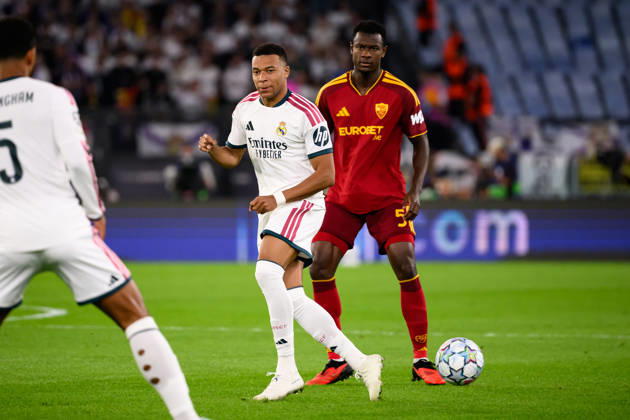 Kylian Mbappe of Real Madrid and Evan Ndicka of AS Roma during the UEFA Champions League 2026 2027 football match between AS Roma and Real Madrid at Stadio Olimpico in Rome (Italy), October 14, 2026. AndreaxStaccioli