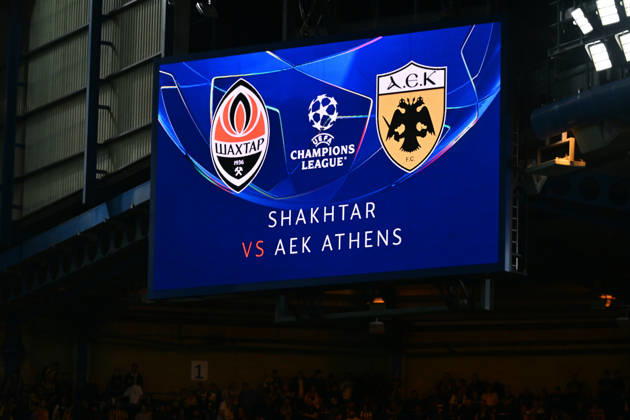 LONDON, ENGLAND - OCTOBER 14: Matchday large screen graphi prior to the UEFA Champions League 2026 27 League Phase MD2 match between FC Shakhtar Donetsk and AEK Athens at Stamford Bridge on October 14, 2026 in London, England. Copyright: xYaroslavxDunkax xSPPx Sportspressphoto_SPR255794