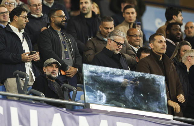 Manchester City v Paris, UEFA Champions League, League Stage 14.10.26 Manchester City v Paris, UEFA Champions League, League Stage Bradley Ormesher The Times Former manager Pep Guardiola of Manchester City in the stands with Chairman Khaldoon Al Mubarak and CEO Ferran Soriano  Copyright: xBradleyxOrmesherx NINTCHDBPICT001115699630