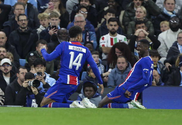 Manchester City v Paris, UEFA Champions League, League Stage 14.10.26 Manchester City v Paris, UEFA Champions League, League Stage Bradley Ormesher The Times Ousmane Dembélé of PSG celebrates scoring his teams 2nd goal  Copyright: xBradleyxOrmesherx NINTCHDBPICT001115700242