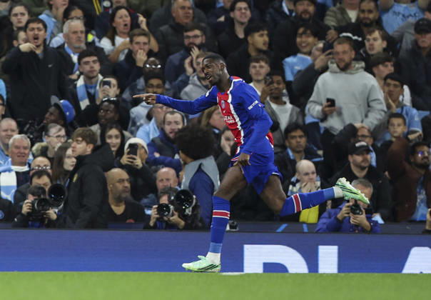 Manchester City v Paris, UEFA Champions League, League Stage 14.10.26 Manchester City v Paris, UEFA Champions League, League Stage Bradley Ormesher The Times Ousmane Dembélé of PSG celebrates scoring his teams 2nd goal  Copyright: xBradleyxOrmesherx NINTCHDBPICT001115700248