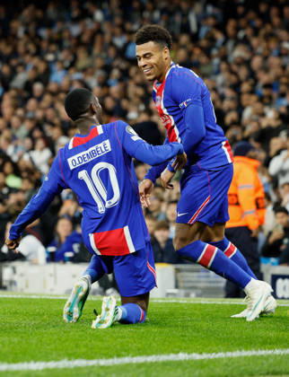 Manchester City v Paris Saint-Germain - UEFA Champions League 2026 27 League Phase MD2 Ousmane Dembele and Desire Doue of Paris Saint-Germain celebrate 2nd goal during the UEFA Champions League 2026 27 League Phase MD2 match between Manchester City and Paris Saint-Germain at City of Manchester Stadium on October 14, 2026 in Manchester, England. Manchester City of Manchester Stadium England United Kingdom Copyright: xAllstarxPicturexLibraryxLtdx