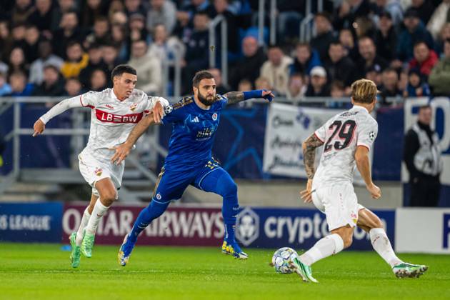 Tigran Barseghyan in a battle during UEFA Champions league match , SK Slovan Bratislava - VFB Stuttgart , 14. october 2026, Tehelne pole Stadium, Bratislava, Slovakia Copyright: xMICHALxFAJT,ZOSPORTU.SKx MAJ_0998