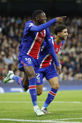 Manchester City v Paris Saint-Germain - UEFA Champions League 2026 27 League Phase MD2 Ousmane Dembele and Achraf Hakimi of Paris Saint-Germain celebrate 2nd goal during the UEFA Champions League 2026 27 League Phase MD2 match between Manchester City and Paris Saint-Germain at City of Manchester Stadium on October 14, 2026 in Manchester, England. Manchester City of Manchester Stadium England United Kingdom Copyright: xAllstarxPicturexLibraryxLtdx