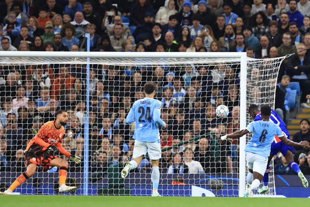 RECORD DATE NOT STATED 14th October 2026; Etihad Stadium, Manchester, England; UEFA Champions League Football, Manchester City versus Paris Saint Germain; Ousmane Dembele of Paris Saint Germain beats Manchester City goalkeeper Gianluigi Donnarumma to score for 0-2 after 15 minutes DavidxBlunsden