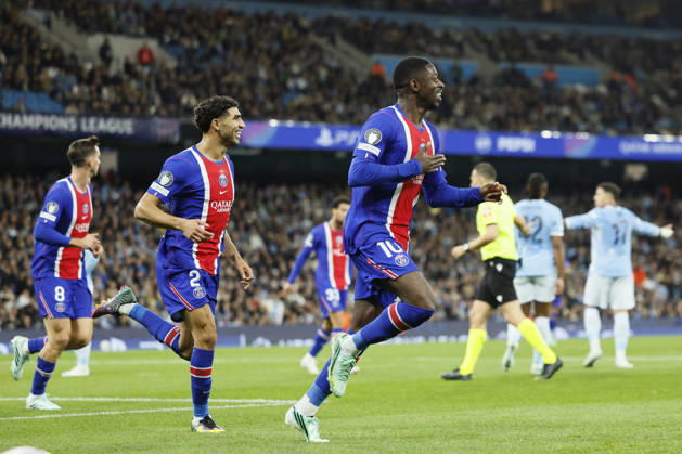 Manchester City v Paris Saint-Germain - UEFA Champions League 2026 27 League Phase MD2 Ousmane Dembele and Achraf Hakimi of Paris Saint-Germain celebrate 2nd goal during the UEFA Champions League 2026 27 League Phase MD2 match between Manchester City and Paris Saint-Germain at City of Manchester Stadium on October 14, 2026 in Manchester, England. Manchester City of Manchester Stadium England United Kingdom Copyright: xAllstarxPicturexLibraryxLtdx
