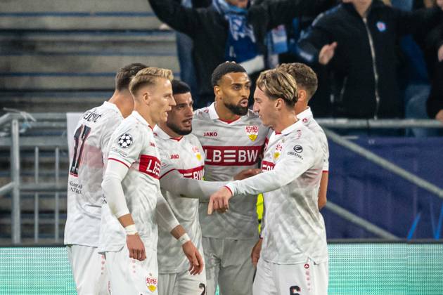 VFB STUTTGART players a goal celebrates during UEFA Champions league match , SK Slovan Bratislava - VFB Stuttgart , 14. october 2026, Tehelne pole Stadium, Bratislava, Slovakia Copyright: xMICHALxFAJT,ZOSPORTU.SKx MAJ_1114