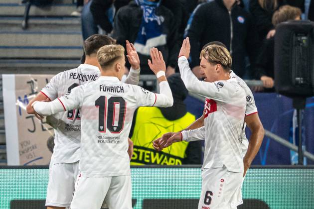 VFB STUTTGART players a goal celebrates during UEFA Champions league match , SK Slovan Bratislava - VFB Stuttgart , 14. october 2026, Tehelne pole Stadium, Bratislava, Slovakia Copyright: xMICHALxFAJT,ZOSPORTU.SKx MAJ_1082