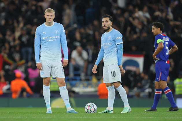 Manchester City v Paris Saint-Germain - UEFA Champions League 2026 27 League Phase MD2 Erling Haaland and Rayan Cherki of Manchester City wait to kick off after going 2 down during the UEFA Champions League 2026 27 League Phase MD2 match between Manchester City and Paris Saint-Germain at City of Manchester Stadium on October 14, 2026 in Manchester, England. Manchester City of Manchester Stadium England United Kingdom Copyright: xAllstarxPicturexLibraryxLtdx