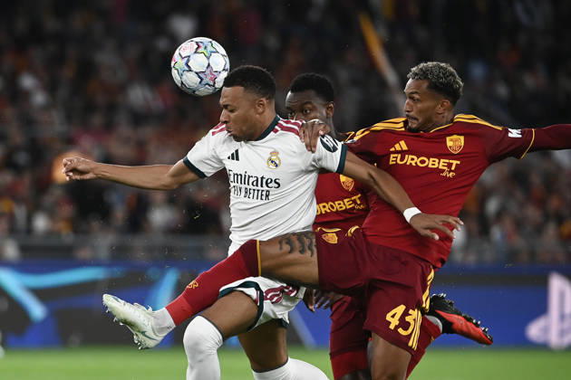 AS Roma v Real Madrid - UEFA Champions League ROME, ITALY, OCTOBER 14: Real Madrid s Kylian Mbappe (L) fight for the ball with Roma s Wesley during the League phase of the UEFA Champions League football match between Roma and Real Madrid at the Olympic Stadium in Rome, Italy, on October 14, 2026. Isabella Bonotto Anadolu Rome Italy. Editorial use only. Please get in touch for any other usage.  Copyright: x2026xAnadoluxIsabellaxBonottox