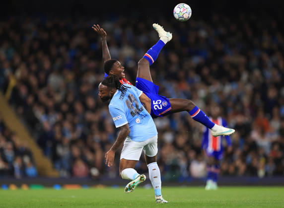 Manchester City v Paris Saint-Germain 14th October 2026 - UEFA Champions League - League Phase - Manchester City v Paris Saint-Germain - Nuno Mendes of Paris Saint-Germain and Antoine Semenyo of Manchester City - Photo: Simon Stacpoole Offside. Manchester UK Copyright: xSimonxStacpoolexOffside