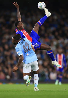 Manchester City v Paris Saint-Germain 14th October 2026 - UEFA Champions League - League Phase - Manchester City v Paris Saint-Germain - Nuno Mendes of Paris Saint-Germain and Antoine Semenyo of Manchester City - Photo: Simon Stacpoole Offside. Manchester UK Copyright: xSimonxStacpoolexOffside