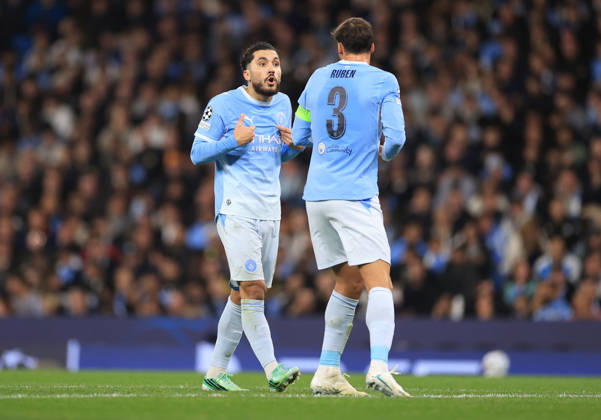 Manchester City v Paris Saint-Germain 14th October 2026 - UEFA Champions League - League Phase - Manchester City v Paris Saint-Germain - Rayan Cherki of Manchester City speaks with Ruben Dias - Photo: Simon Stacpoole Offside. Manchester UK Copyright: xSimonxStacpoolexOffside