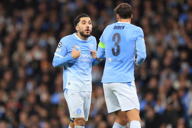 Manchester City v Paris Saint-Germain 14th October 2026 - UEFA Champions League - League Phase - Manchester City v Paris Saint-Germain - Rayan Cherki of Manchester City speaks with Ruben Dias - Photo: Simon Stacpoole Offside. Manchester UK Copyright: xSimonxStacpoolexOffside