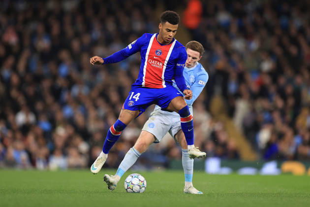 Manchester City v Paris Saint-Germain 14th October 2026 - UEFA Champions League - League Phase - Manchester City v Paris Saint-Germain - Desire Doue of Paris Saint-Germain and Elliot Anderson of Manchester City - Photo: Simon Stacpoole Offside. Manchester UK Copyright: xSimonxStacpoolexOffside