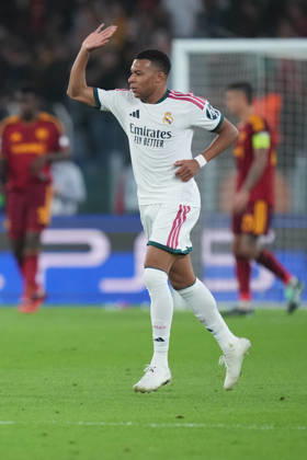 Real Madrid s Kylian Mbappe celebrates after scoring during the UEFA Champions League Phase - Matchday 2 soccer match between AS Roma and Real Madrid at the Rome s Olympic stadium, Italy - Wednesday October 14, 2026 - Soccer ( Photo by Alfredo Falcone LaPresse )  Copyright: xAlfredoxFalcone LaPressex