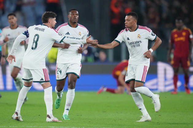 Real Madrid s Kylian Mbappe celebrates after scoring during the UEFA Champions League Phase - Matchday 2 soccer match between AS Roma and Real Madrid at the Rome s Olympic stadium, Italy - Wednesday October 14, 2026 - Soccer ( Photo by Alfredo Falcone LaPresse )  Copyright: xAlfredoxFalcone LaPressex