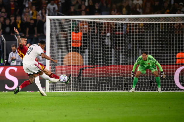 Kylian Mbappe of Real Madrid scores the goal of 1-1 during the UEFA Champions League 2026 2027 football match between AS Roma and Real Madrid at Stadio Olimpico in Rome (Italy), October 14, 2026. AndreaxStaccioli