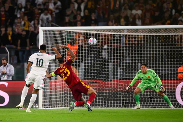 Kylian Mbappe of Real Madrid scores the goal of 1-1 during the UEFA Champions League 2026 2027 football match between AS Roma and Real Madrid at Stadio Olimpico in Rome (Italy), October 14, 2026. AndreaxStaccioli