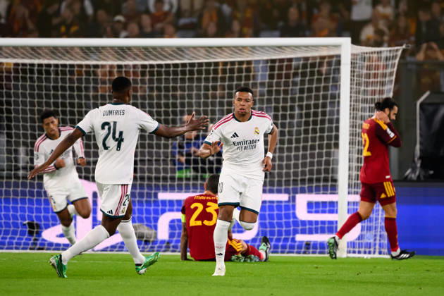 Kylian Mbappe of Real Madrid celebrates with Denzel Dumfries after scoring the goal of 1-1 during the UEFA Champions League 2026 2027 football match between AS Roma and Real Madrid at Stadio Olimpico in Rome (Italy), October 14, 2026. AndreaxStaccioli