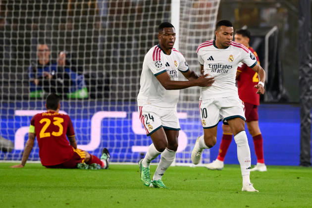 Kylian Mbappe of Real Madrid celebrates with Denzel Dumfries after scoring the goal of 1-1 during the UEFA Champions League 2026 2027 football match between AS Roma and Real Madrid at Stadio Olimpico in Rome (Italy), October 14, 2026. AndreaxStaccioli