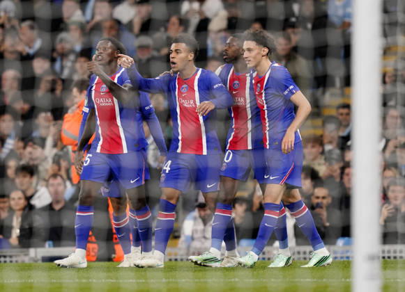 Manchester, England, 14th October 2026. Desire Doue of Paris Saint-Germain goal celebration during the Manchester City vs Paris Saint Germain UEFA Champions League match at the Etihad Stadium, Manchester. Picture credit should read: Andrew Yates Sportimage EDITORIAL USE ONLY. No use with unauthorised audio, video, data, fixture lists, club league logos or live services. Online in-match use limited to 120 images, no video emulation. No use in betting, games or single club league player publications. SPI_031_AY_Man_City_PSG SPI-5069-0031