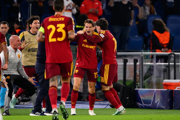 Marten De Roon of AS Roma celebrates with team mates after scoring the goal of 1-0 during the UEFA Champions League 2026 2027 football match between AS Roma and Real Madrid at Stadio Olimpico in Rome (Italy), October 14, 2026. AndreaxStaccioli