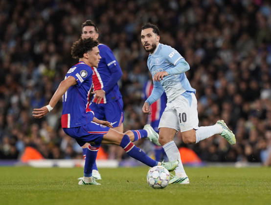 Manchester, England, 14th October 2026. Rayan Cherki of Manchester City in action during the Manchester City vs Paris Saint Germain UEFA Champions League match at the Etihad Stadium, Manchester. Picture credit should read: Andrew Yates Sportimage EDITORIAL USE ONLY. No use with unauthorised audio, video, data, fixture lists, club league logos or live services. Online in-match use limited to 120 images, no video emulation. No use in betting, games or single club league player publications. SPI_035_AY_Man_City_PSG SPI-5069-0035