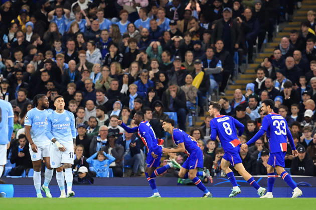 RECORD DATE NOT STATED 14th October 2026; Etihad Stadium, Manchester, England; UEFA Champions League Football, Manchester City versus Paris Saint Germain; Ousmane Dembele of Paris Saint celebrates after scoring for 0-2 after 15 minutes DavidxBlunsden