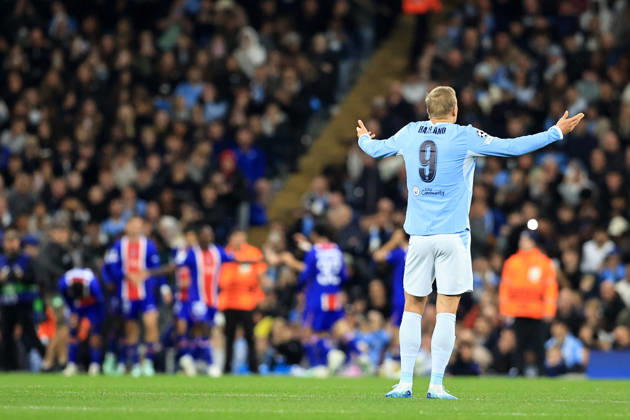 RECORD DATE NOT STATED 14th October 2026; Etihad Stadium, Manchester, England; UEFA Champions League Football, Manchester City versus Paris Saint Germain; Erling Haaland of Manchester City shows his dejection after his side concedes for 0-2 after 15 minutes DavidxBlunsden
