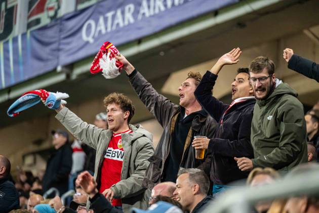 VFB Stuttgart fans a goal celebrates during UEFA Champions league match , SK Slovan Bratislava - VFB Stuttgart , 14. october 2026, Tehelne pole Stadium, Bratislava, Slovakia Copyright: xMICHALxFAJT,ZOSPORTU.SKx MAR_6814