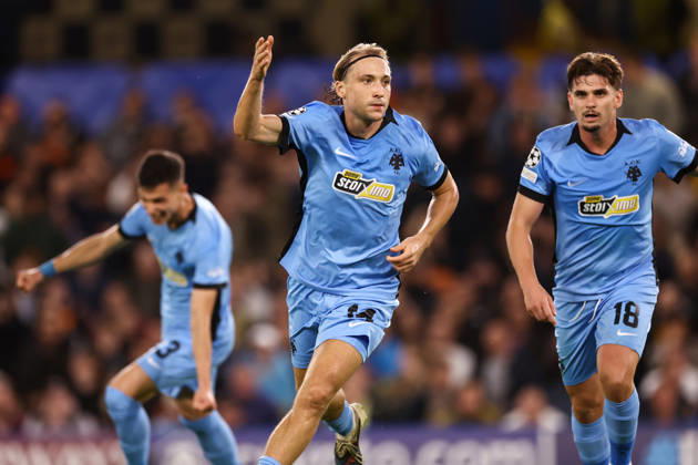 Shakhtar Donetsk v AEK Athens 14 October 2026, London - UEFA Champions League - Shakhtar Donetsk v AEK Athens - Lovro Majer of AEK Athens celebrates their first goal with his team mates - Photo: Jacques Feeney Offside. London UK Copyright: xJacquesxFeeneyx xOffsidexOffside